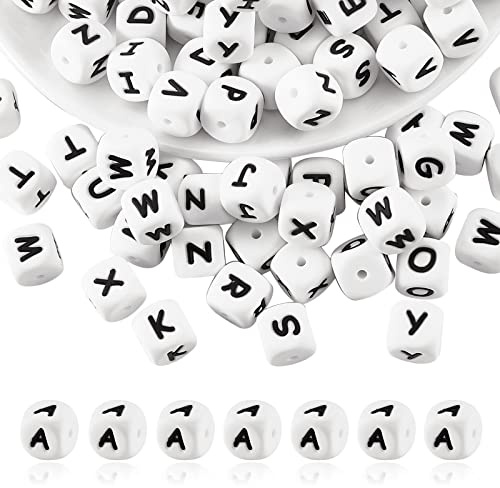 BEEFLYING 20 Pièces Perles en silicone pour lettres cubiques blanches Perles alphabet dés carrés 12mm Perles d'espacement initiales à large trou pour la fabrication de porte-clés (Lettre A)