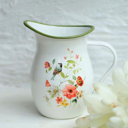 Emaille-Krug mit breitem Griff, Vintage-Stil, Metall, Bauernhaus-Krug, Vase, Blumendekoration für Tischplatte, Büro, Zuhause, Geschenk und Eistee, Kaffee, kalte Getränke