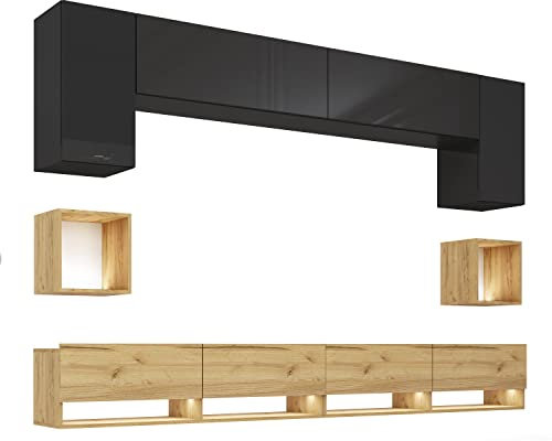 BROMARKT Premium Wohnwand Wohnzimmer Set 8 Teile – Wohnzimmer Schrank - Wohnzimmer Möbel mit Wandschrank und TV Schrank – Wohnwand Modern - Wohnzimmerschrank Komplett Möbel - Hochglanz Schwarz