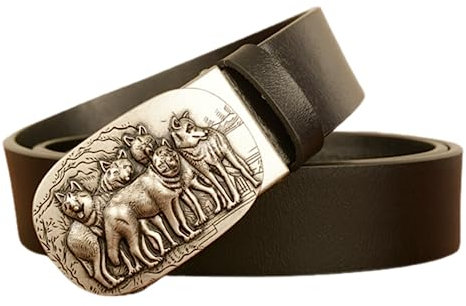 NALANY Herren Gürtel, Leder Schiebe Ratsche Automatik Gürtel Für Männer Ledergürtel Breite 3.5cm Western Cowboy Automatikschließe Mit Gravur Wilder Wolf Pack Dekorativ(125cm/waist:43, Black)
