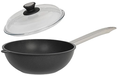 SKK großer 2-tlg. Wok Ø 28 cm mit Stiel - Induktion - Aluguss Antihaft Stielwok glatter Boden & Edelstahlgriff & Vollglas Deckel - Made in Germany