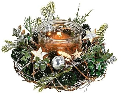 Gesteck für Weihnachten Tischdeko mit Windlichteinsatz 11 cm hoch Weihnachtskranz mit Windlicht Teelichtglas Landhausdeko