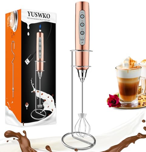 YUSWKO Montalatte portatile per caffè, frusta elettrica ricaricabile con 3 teste, 3 velocità, miscelatore per bevande e caffè, per latte, cappuccino, cioccolata calda, uova, oro rosa con supporto