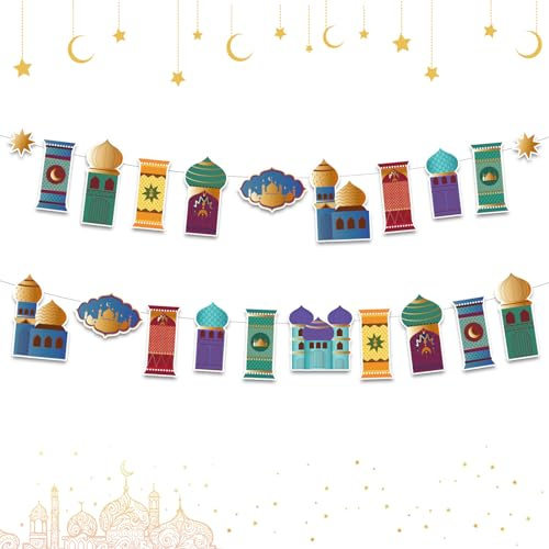 2 Stücke Eid Mubarak Banner Set, Muslim Islamic Party Dekoration, Mond Stern Laterne Schloss Banner Girlande, Ramadan Mubarak Party Banner für Haus Party Lieferung Ramadan Dekorationen (B)