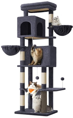 Feandrea Arbre à Chat, Tour à Chat de 175 cm de Haut, Multi-Niveaux, avec 2 Niches, 2 Paniers, 5 Griffoirs, Toilettage Autonome, Perchoir, Hamac, Gris Foncé PCT182G02