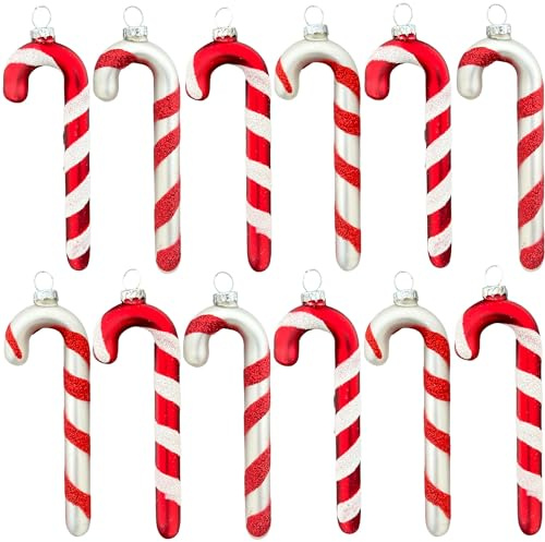 MIJOMA 12er Set Glas-Zuckerstangen, Christbaumschmuck in Rot/Weiß/Silber, Klassisch Diagonal Gestreift, Weihnachtsanhänger mit Charme, 11x4 cm