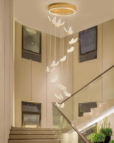 LYSDjia Kronleuchter LED für Eingangsbereich Wohnzimmer Hohe Decke Hängeleuchte Acryl Schmetterling Große Pendelleuchten Beleuchtungskörper Moderne Esszimmer Flur Treppenbeleuchtung Dimmbare Deckenleu