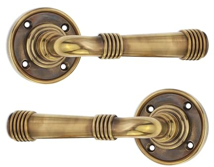 Infinity Decor Pair of Aged Brass Beehive Lever on Rose Latch Door Handles Set - Ideal for Internal & Exterior Doors