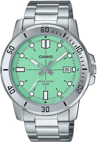 Casio Herrenuhr, blaugrünes Zifferblatt, silberfarbenes Band, Blaugrün, Sport