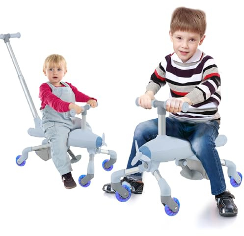 Maxmass 2 in 1 Kids Ride on Push Car, Toddler Foot to Floor Slider with Adjustable Handle, LED Wheels, Folable Footrests, Rear Storage Basket, Baby Push Along Car for 18-60 Months Old (Blue)