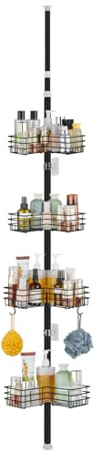 PORUGE Telescópica Estanteria Ducha, Estante Ducha Esquina Ajustable sin Taladrar, Estantería Baño Metálica con 4 Cestas, Telescopica Estanteria de Ducha para Baño, 78-319cm, Negro