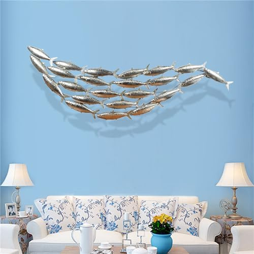 Wanddekoration, 59 x 17,3 Zoll, silberner Metallfisch, großer Schwarm mit 20 Fischen, Wandkunst, handbemalte Fische, hängende Dekoration, 3D-Wandskulptur für Wohnzimmer und Schlafz
