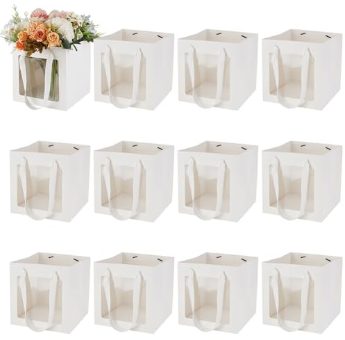 GOMAKERER 12 Stück Geschenktüten Aus Kraftpapier Mit Transparentem Fenster 20x20x20cm Weiße Geschenktüten Mit Griffen Aus Kraftpapier Einkaufstüten Für Geschenke Blumen Süßigkeiten Festivals