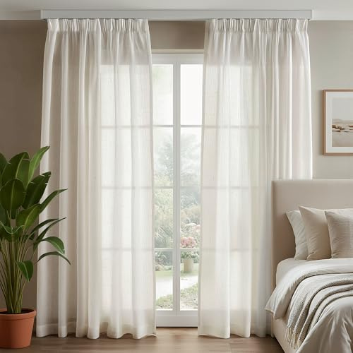 Deconovo Gardinen mit Kräuselband Voile Durchsichtig Vorhang Halbtransparent Dekoschal Vorhänge Kinderzimmer Leinenoptik Wohnzimmer