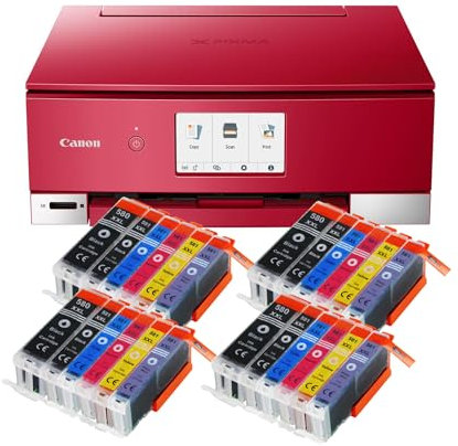 IC-Office TS8352a Farbtintenstrahl-Multifunktionsgerät All-in-One 3-in-1 (Drucker, Scanner, Kopierer, CD-Druck, USB, WLAN, Apple AirPrint, SD-Karte) Rot + 24 XXL Tintenpatronen