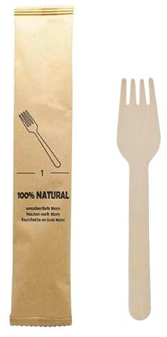 Monouso | 50 Tenedores de Madera Enfundados Individualmente, 16cm, Color Natural, Desechable, Compostable, Tenedores para Comidas, Aperitivos, Catering
