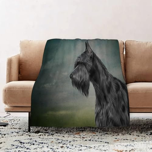 EOMKSE Kuscheldecke Flauschig Decke - weiche warme Fleecedecke 130x150cm als Decke Sofa,Zeichnung Hund Riesenschnauzer Porträt Ölgemälde auf alten Vintage Farbe Grun,Wohndecke oder Couchdecke überwurf