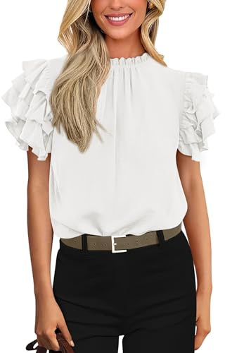 KIRUNDO Blouses for Women Dressy Casual Ruffle Shirts Tops,White,M