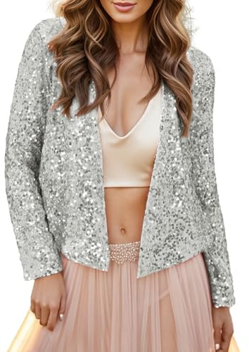 Chaqueta con purpurina para mujer, carnaval, blazer de lentejuelas para mujer, plata, parte superior brillante, manga larga, chaqueta elegante, cárdigan festivo, chaqueta informal, dobladillo