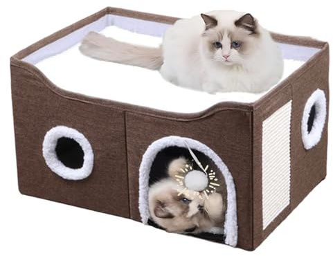 ERNAN Katzenhöhle,Katzenbetten,Katzenhaus, Faltbare Katzenbetthöhle mit Kratzbrett und Spielball, Faltbare Katzenbetthöhle zum Schlafen, Verstecken, Spielen & Kratzen (Brown, M)