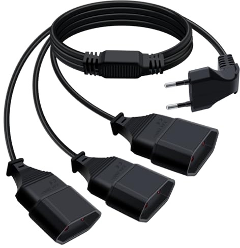 HuaLiSiJi Eurostecker 3 auf 1 Verlängerungskabel Eurostecker 90 Grad Eurostecker Verteiler 3fach Verlängerungskabel Flach Auf Rund 2,5A 250V, für Haushaltsgeräte TV (Schwarz, 1.5m)