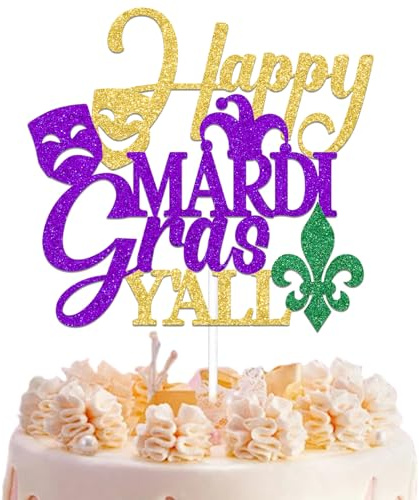 Happy Mardi Gras Y'all Cake Topper, Happy Mardi Gras Birthday Cake Topper, Masquerade Masks Party Decoration, Carnival Themed Birthday Anniversary Party Supplies Gold Green Purple Glitter