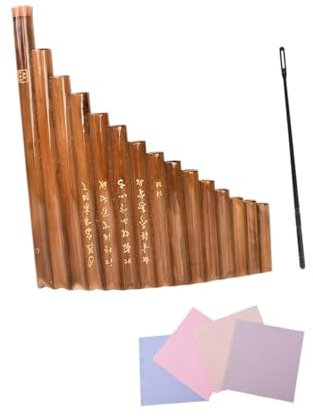 Bambus Panflöte mit 15 Röhren als Schulmusikinstrument Braun | 1 Stück, G-stimmung, Inklusive Reinigungsstab und Reinigungstuch, Leicht zu Spielen Zufällige Farbe Zufälliger Stil