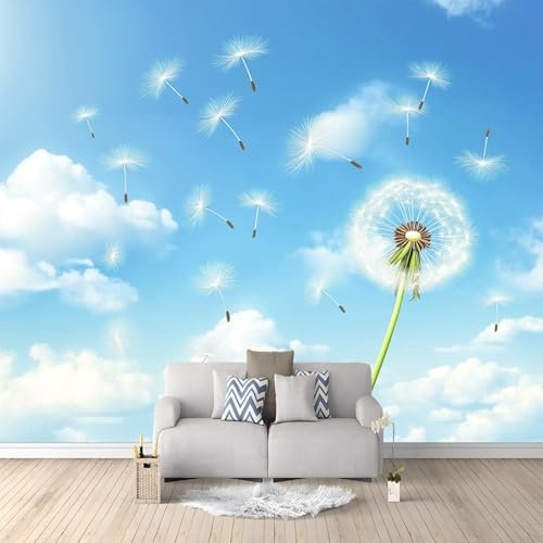 Papel Pintado Mural Estilo Fresco Dientes De León Cielo. 3D Panorámico No Tejido – Fotomurales Decorativos Para Salón, Dormitorio Y Oficina – Diseño Moderno Pared Del Hogar 200 X 140 Cm Blanco Azul