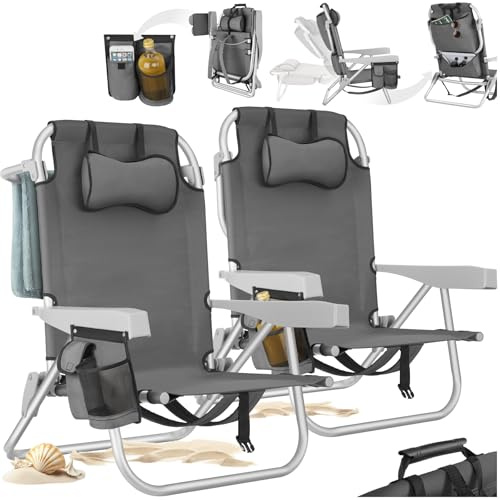 tectake® Lot de 2 Chaise pliante Chaise Plage Fauteuil Camping, Cadre en Aluminium inoxydable, Dossier réglable 5 positions avec Appuie-tête Porte gobelet Sac isotherme intégré Accessoire plage Voyage