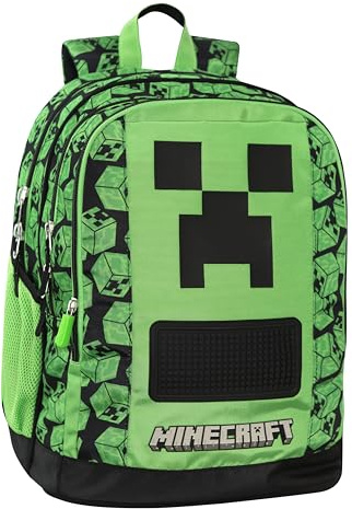 Minecraft – Offizieller Schulrucksack Minecraft, mit 2 großen zentralen Fächern, vorgeformte Vordertasche, Seitentaschen aus Netz, verstellbare gepolsterte Schultergurte, thermogeformte Rückseite und