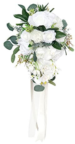 SELVFZ Bouquet da sposa a cascata Bouquet da sposa con rose artificiali lungo nastro a cascata bouquet da sposa bouquet di rose per sposa e damigelle d'onore fiori con orchidee