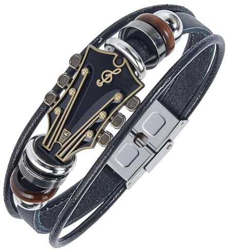 CALFOVERA Bracciale da Polso in Pelle Sintetica Intrecciata, Stile Punk, Multistrato, con Chitarra retrò Nera, per Uomo, Regalo per Appassionati di Musica.