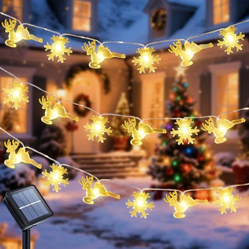 Ninonly Guirnaldas Luces Navidad Solar, 7M 50 LED Copo de Nieve y Reno Guirnaldas Luminosas Exterior, 8 Modos Cadena Luz, Impermeable Navidad Decoración de Jardín Patio