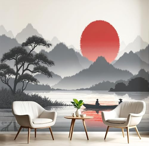 Carta Da Parati Effetto 3D Semplicità Lago Sole 400×280cm, Fotomurali Non Tessuto XXL, Decorazione Poster Arte Murale Stile Cinese Montagne per Casa Ufficio Camera Letto Soggiorno