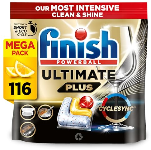 Finish Dishwasher Tablet, Ultimate Plus, 116 Tabs (29 x 4pck), Lemon Sparkle, Tough on Grease, Our Most Intensive Clean & Shine, Effective for Short Eco Cycle