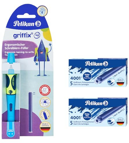 Pelikan griffix Schreiblern-Füller (Rechtshänder + Ersatzpatronen, Neon fresh blue)