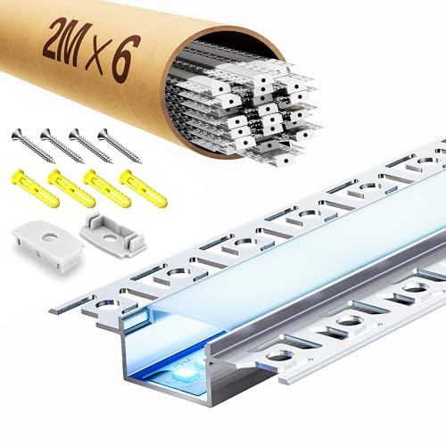 LASLUX 6x LED Trockenbauprofil 2M, LED Schiene 2M Aluminium Profil Schiene Unterputz Kanal und Diffusor Aufputz für Indirekte Beleuchtung Decke