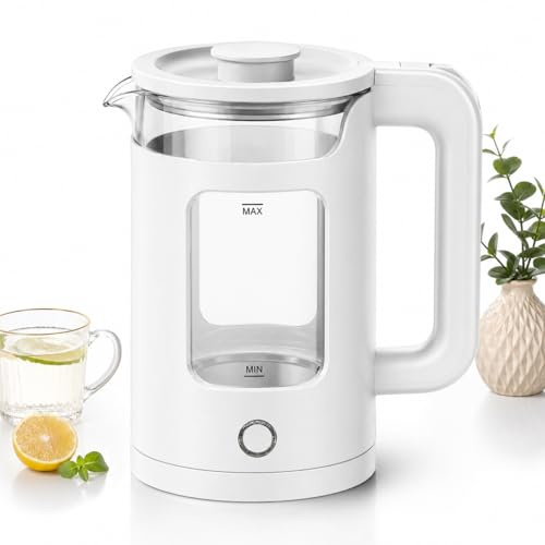 Kortemora 2L Glass Electric Kettle 1500W Fast Boil with Blue LED Light, BPA-Free Borosilicate Glass & Stainless Steel, Quiet Cordless Kettle with Auto Shut-Off & Boil Dry Protection, UK Plug White