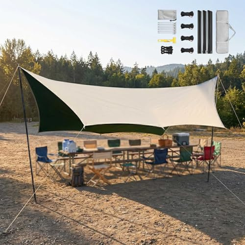 Telo Ombreggiante Esterno Parasole, Tarp Da Campeggio Antipioggia Portatile, Tende Spiaggia Gazebo Ultraleggero Con 2 Pali Per Trekking, 4.4x4.5/4.4x5.6m(Opaline,450x440cm)