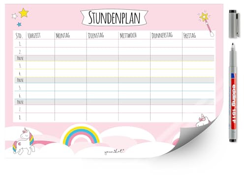 younikat Stundenplan abwischbar selbstklebend Einhorn Pink - DIN A4 - dv248 | Wiederbeschreibbar, Digitaldruck, Whiteboard-Oberfläche, selbstklebende Rückseite, zum Schulanfang, inkl. Stift