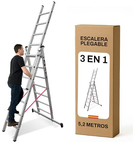 BTF Escalera de Mano Triple de Aluminio 3x7 Peldaños, Escalera Transformable y Extensible de 4,2m para Uso Doméstico, Barra Estabilizadora, Carga 150kg, Norma EN131