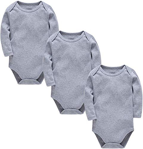 kavkas Långärmad babybodysuit för pojkar och flickor, nyfödda, bomullsvästar, undertröjor, spädbarn, enfärgad, babykläder, 3-pack (0-24 m), Grått, 0-3 månader
