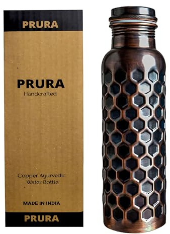 PRURA, ayurvedische Kupfer-Wasserflasche, auslaufsicheres naturreines Kupfergefäß 900ml/30oz