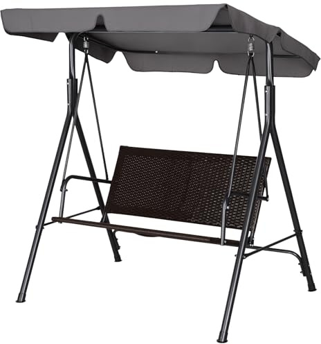 Outsunny Hollywoodschaukel 2-Sitzer Gartenschaukel Schaukelbank Verstellbares Sonnendach Stahlrahmen Rattan 140 x 110 x 151 cm