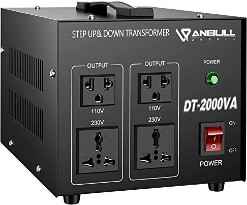 Anbull DT-2000W Transformateur 230V⇄110V Convertisseur de tension | Torique à bobinage en cuivre Protection anti-surcharge intégrée – Sans fusible 2 prises US 110V + 2 prises EU 230V