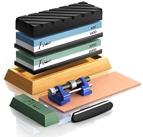 Schleifstein Set, Finew Prämie Wetzstein Doppelseitig 400/1000 3000/8000 Grit, Abziehstein für Messer, mit Rutschfeste Bambusbasis, Flachstein, Winkelführung, Lederstreifen, Poliermasse, Honführung