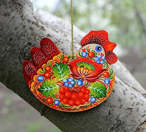 Osterfiguren Huhn - Deko Hühner Osteranhänger aus Holz Beidseitig Bunt Handbemalt - Ukrainische Kunsthandwerkliche Tradition der Petrykiwka-Malereifür Ihren Osterstrauß Schöne Osterdekoration