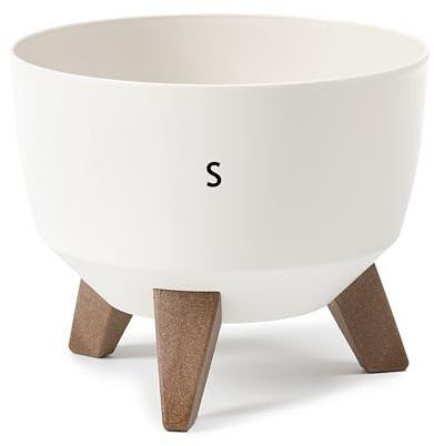 MELTOM Blumentopf mit Füßen aus Kunststoff, Schüssel Rund mit Einsatz, Farbe Creme H: 20 cm D: 24 cm, Größe S | Kunststoff matt, Füße in Holzoptik, Höhe 19,7 cm, Standfläche Ø 13 cm, fester Zwischenboden, Gummistopfen zum Ablassen