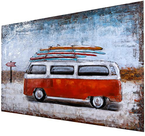 H4L Handgefertigtes Metallbild Strandbus Orange 120 x 80cm