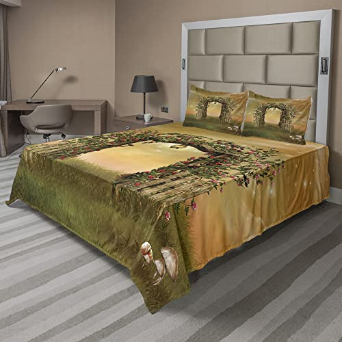 Ambesonne Fantasy Sheet Set, Rustic Door with Burgeoning and Blossoming Flowers on Wooden Fence, Fitted and Flat Sheet with Pillowcases Bedding Accent 4 Piece Set, King, Pale Brown and Green Brown